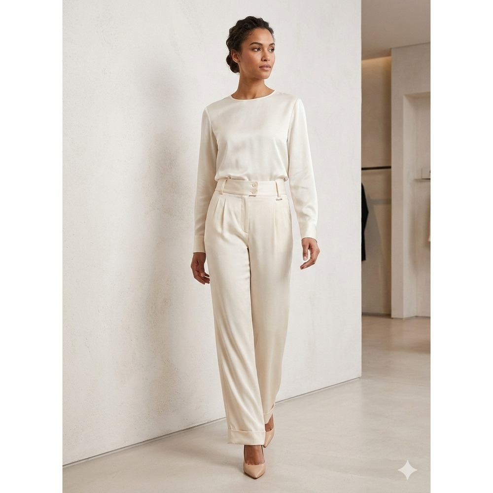 Escada Silk Trousers Womens 44 Ivory Wide Leg High Waist Made in Germany Luxury